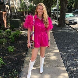 QUEEN OF SPARKLES Hot Pink Feather Sleeve Mini Romper